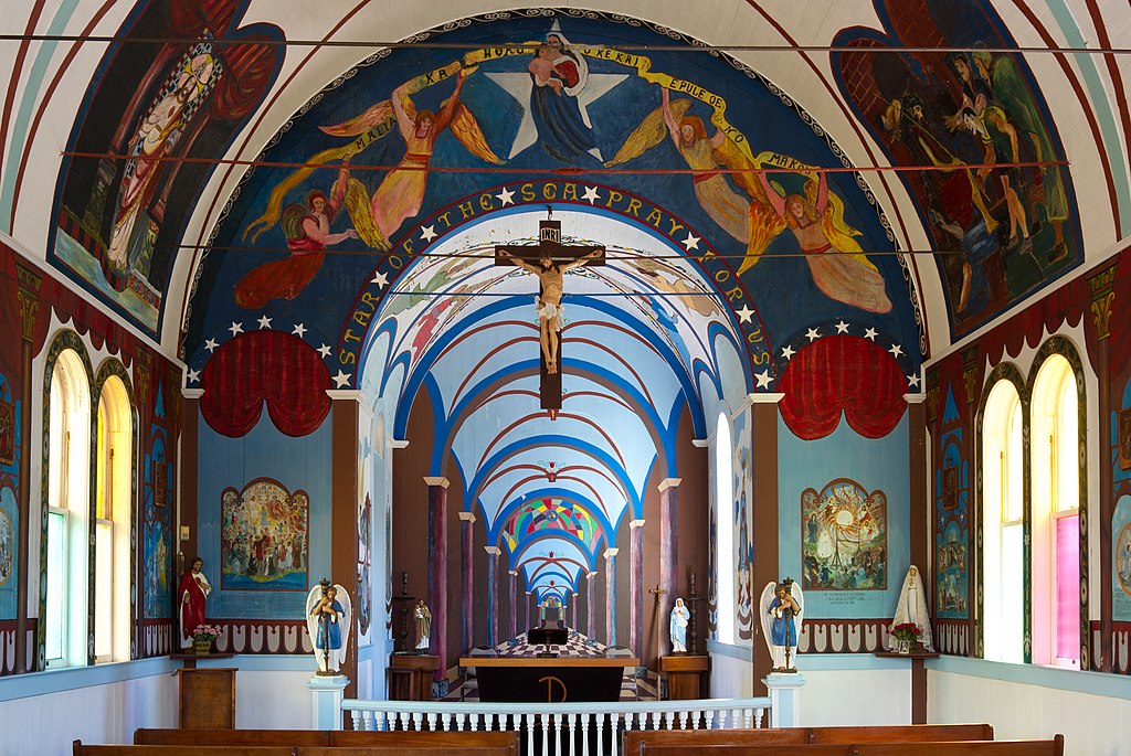 An interior view of the Star of the Sea Painted Church in Kalapana.