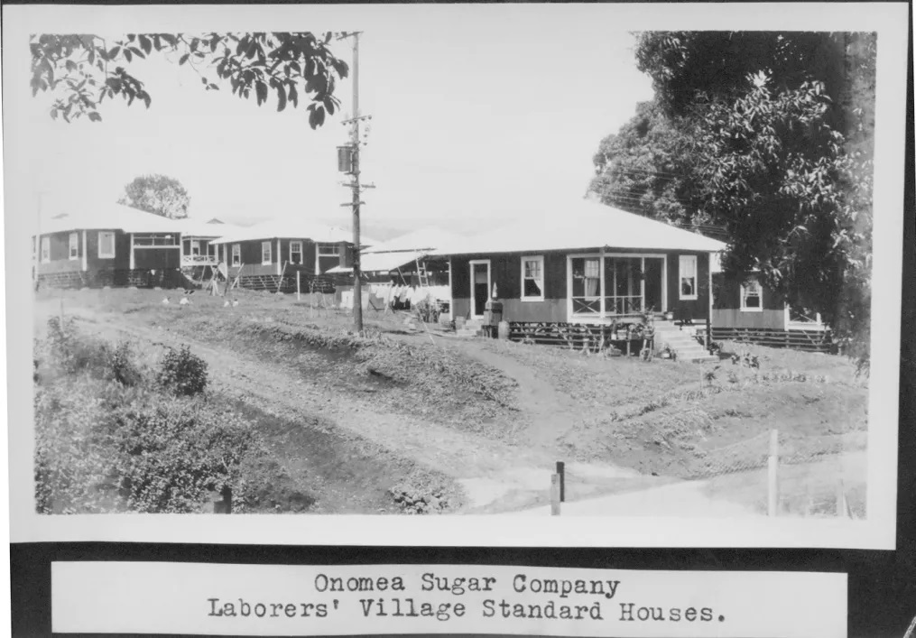 An old photograph of the Onomea Sugar Company laborers' village.